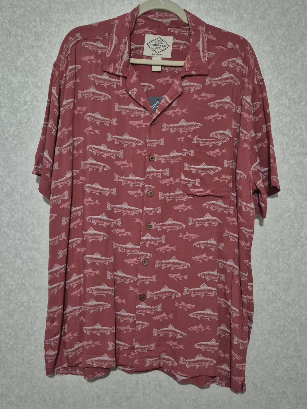 St. John's Bay Coral-pink Button-Down Camp Shirt with Fish Print-L